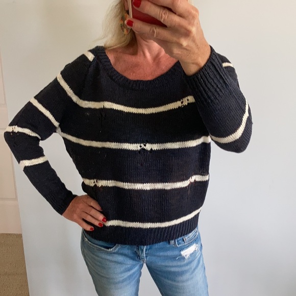 Sweaters - Navy & White Stripe Distressed Sweater